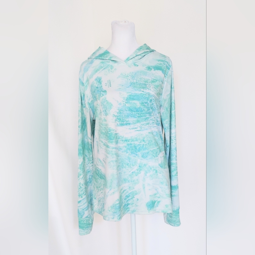 Realtree Fishing Aspect Long Sleeve Hooded Shirt Womens Size Medium Teal Camo